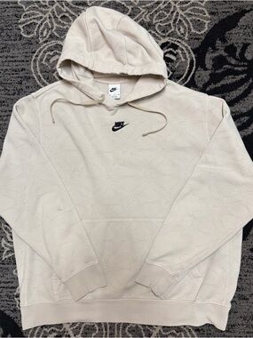 Nike Cream Hoodie with All Over Print and Black Swoosh Logo